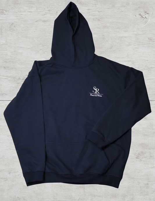 SR Black & White Premium Hoodie 450g - Unisex, navy blue heavyweight cotton blend, embroidered logo, stylish and comfortable.