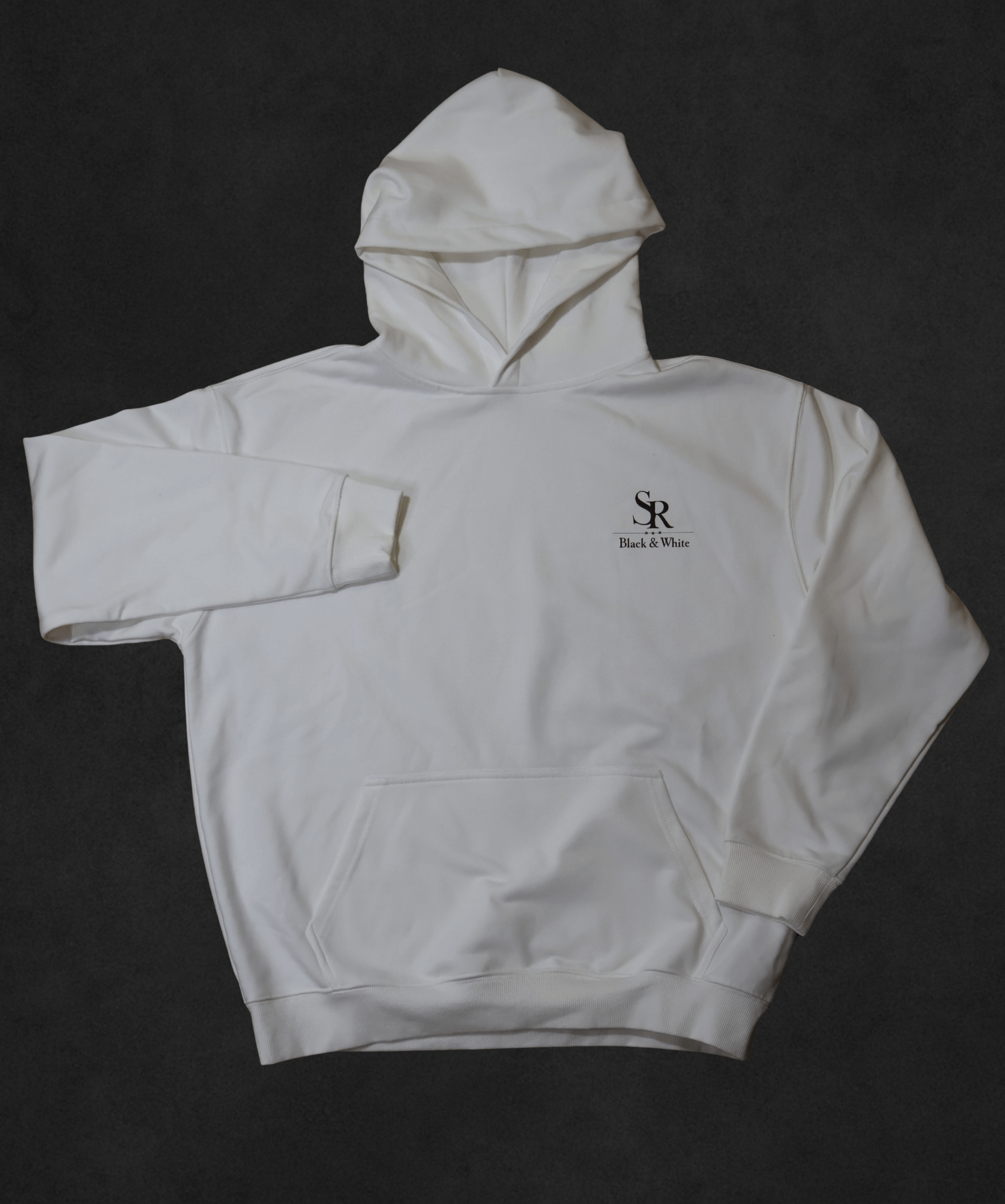 SR Black & White Premium Hoodie 450g - Unisex, white cotton blend hoodie with embroidered logo, comfortable and stylish.