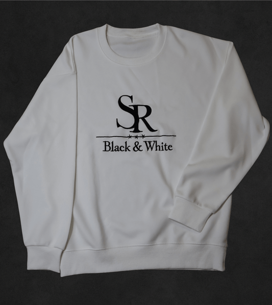 SR Black & White Sweater – Unisex, white cotton blend sweatshirt with embroidered logo, perfect for minimal style and everyday wear.