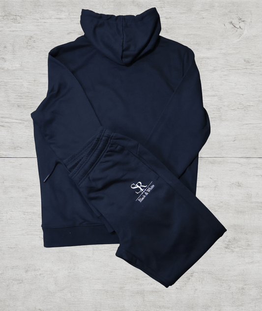SR Black & White Black Tracksuit – Unisex featuring a premium cotton hoodie and jogger pants with embroidered logo.