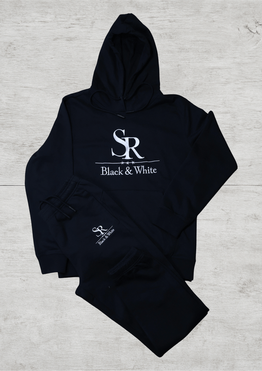 SR Black & White Black Tracksuit – Unisex featuring a black hoodie and joggers with embroidered logo, made from premium cotton.