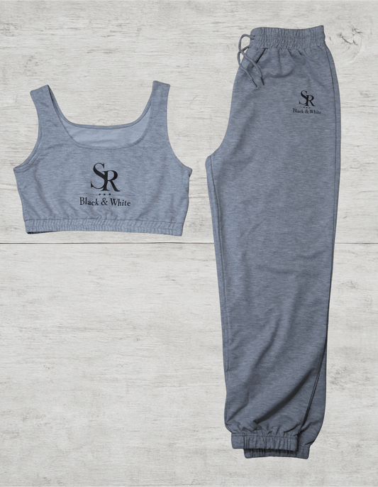 SR Black & White Women’s Basic Set – Top & Jogger in grey cotton blend with logo, perfect for casual wear.