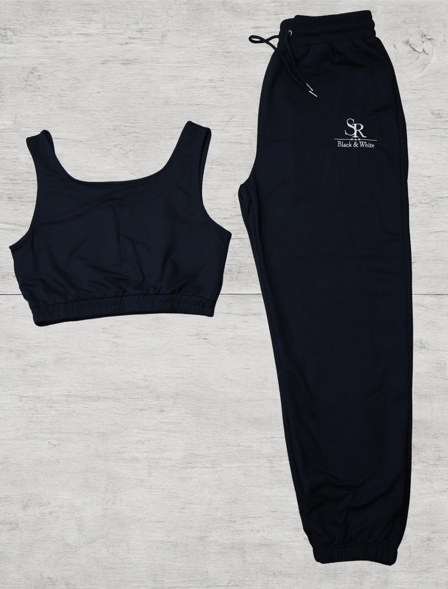 SR Black & White Women’s Basic Set – Top & Jogger in navy blue, made from premium cotton blend for comfort and minimal style.