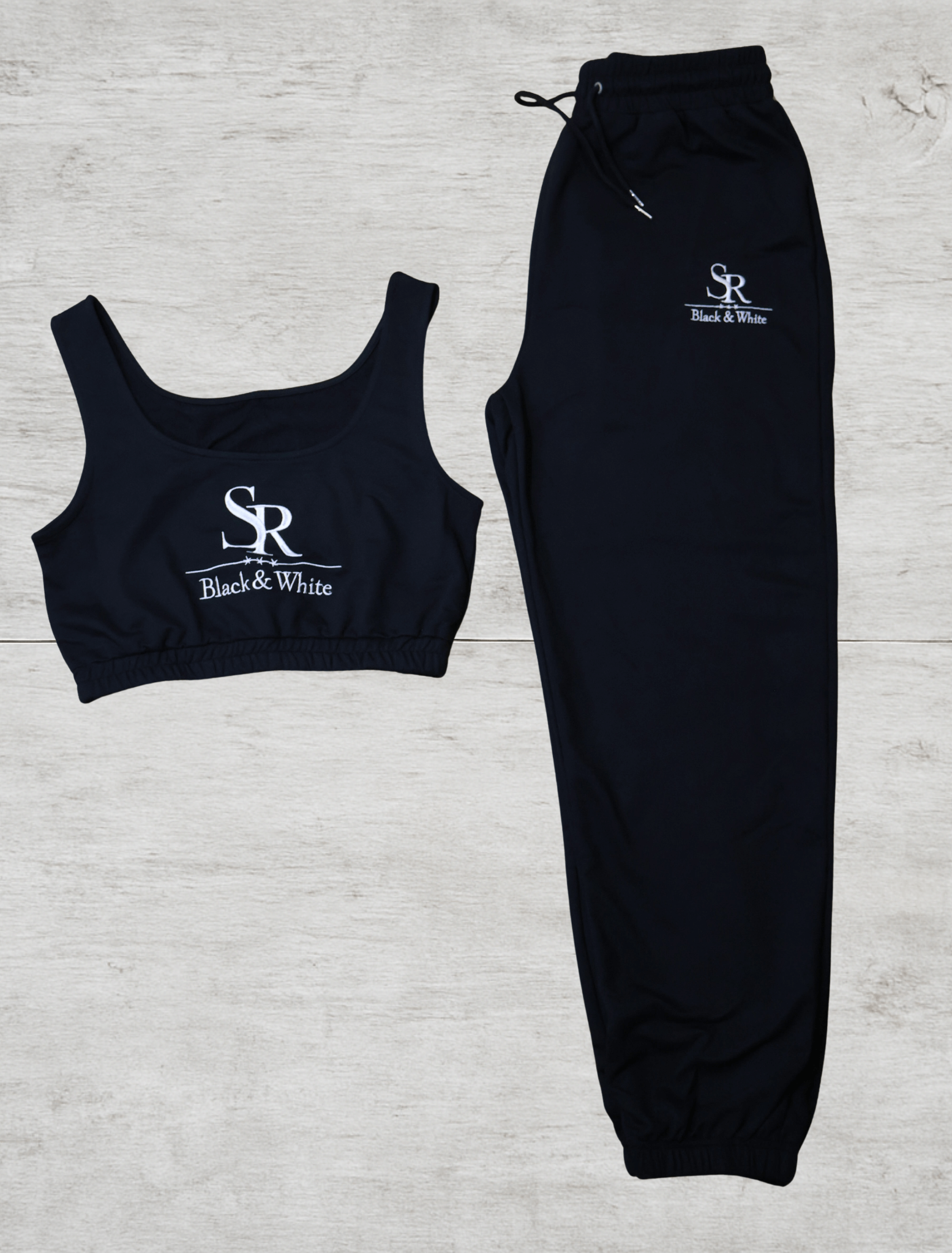 SR Black & White Women’s Basic Set – Top & Jogger in sleek black, made from premium cotton for comfort and style.