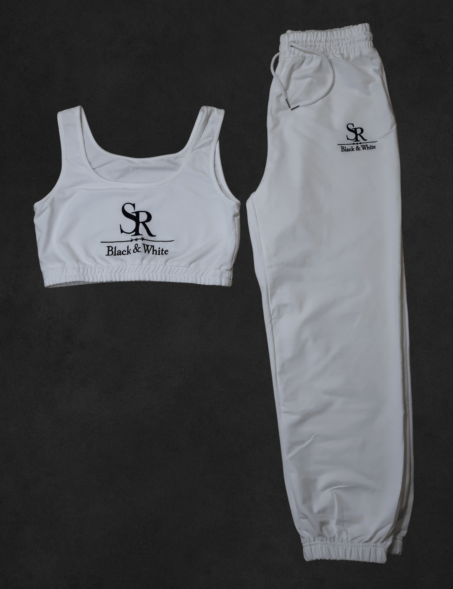 SR Black & White Women’s Basic Set – Top & Jogger in white, lightweight cotton-polyester blend, perfect for leisure wear.