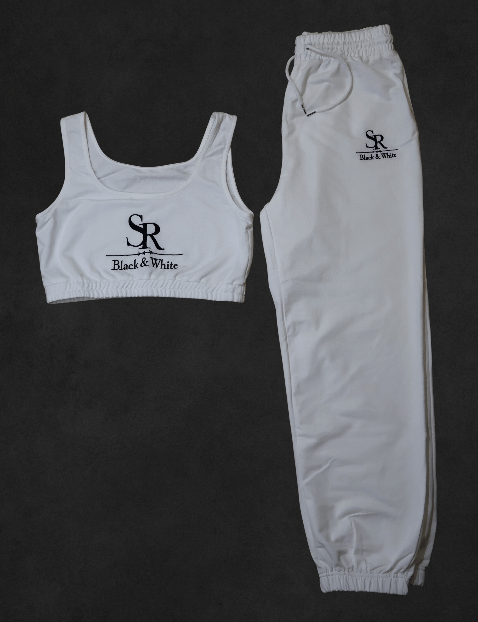 SR Black & White Women’s Basic Set – Top & Jogger in white, lightweight cotton-polyester blend, perfect for leisure wear.